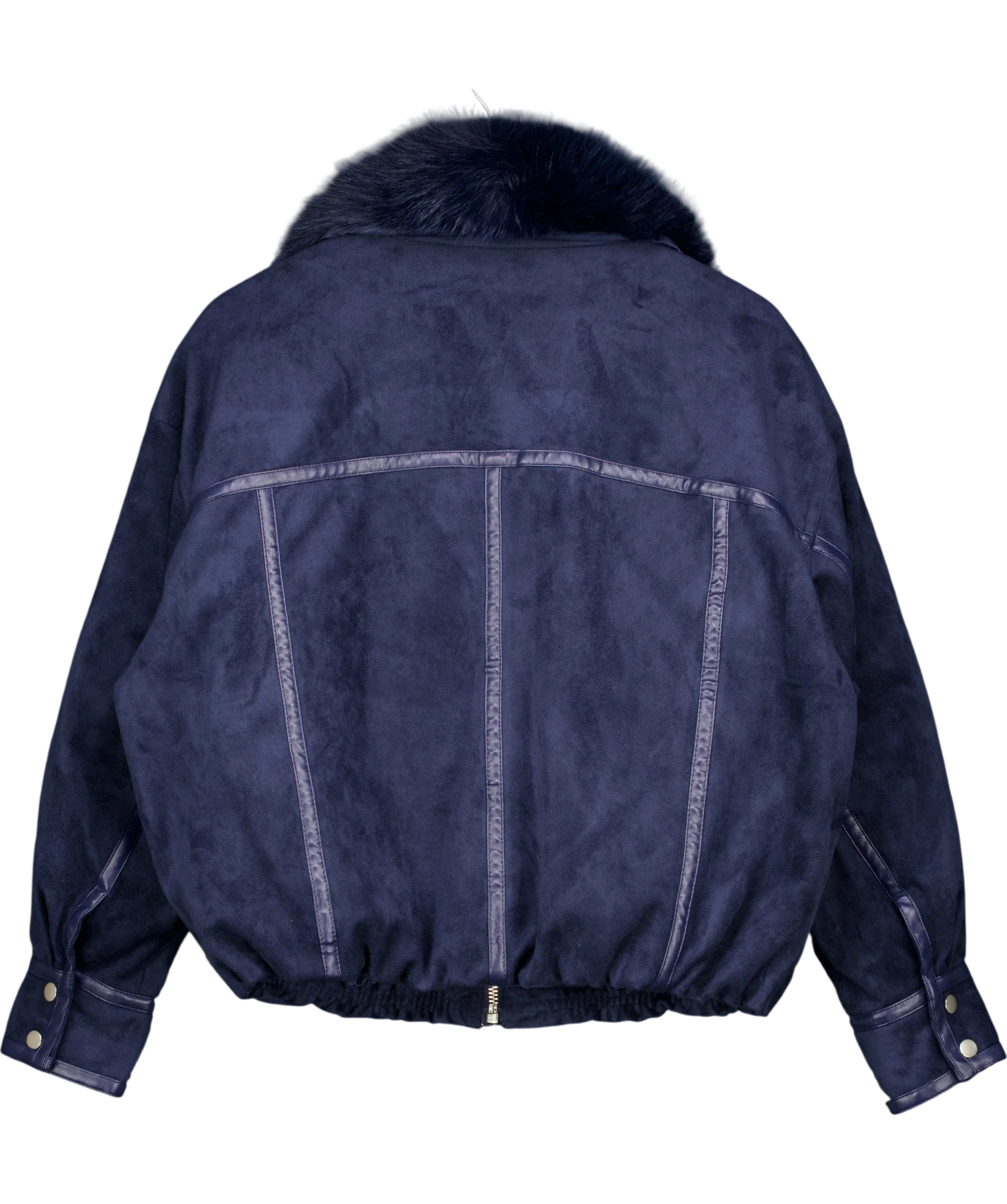 KAREN MILLEN navy Faux Leather Mix Short Bomber Jacket, size UK 8 — back
