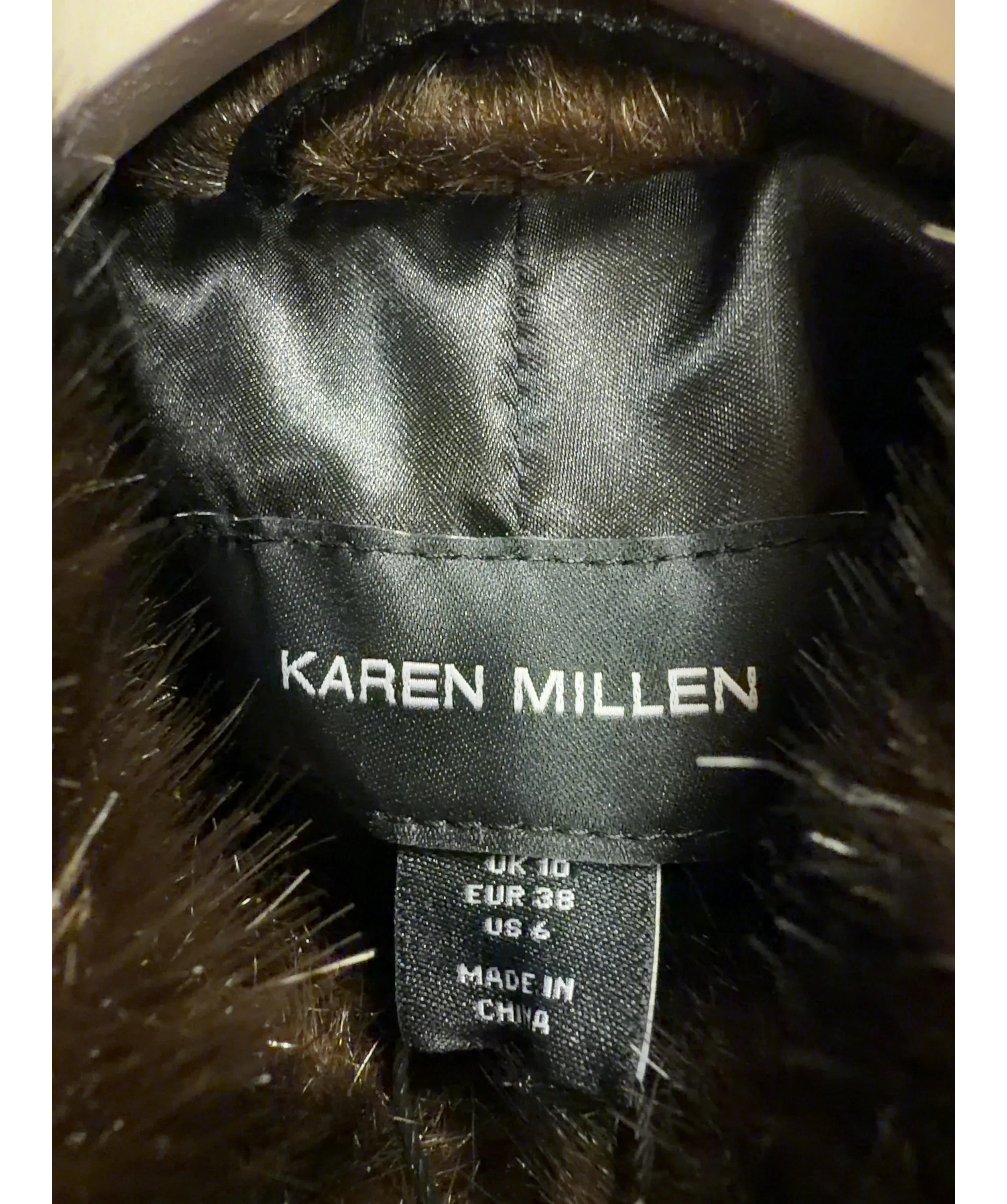 KAREN MILLEN Brown Faux Fur PU Panelled Belted Cropped Jacket, size UK 10 — detail