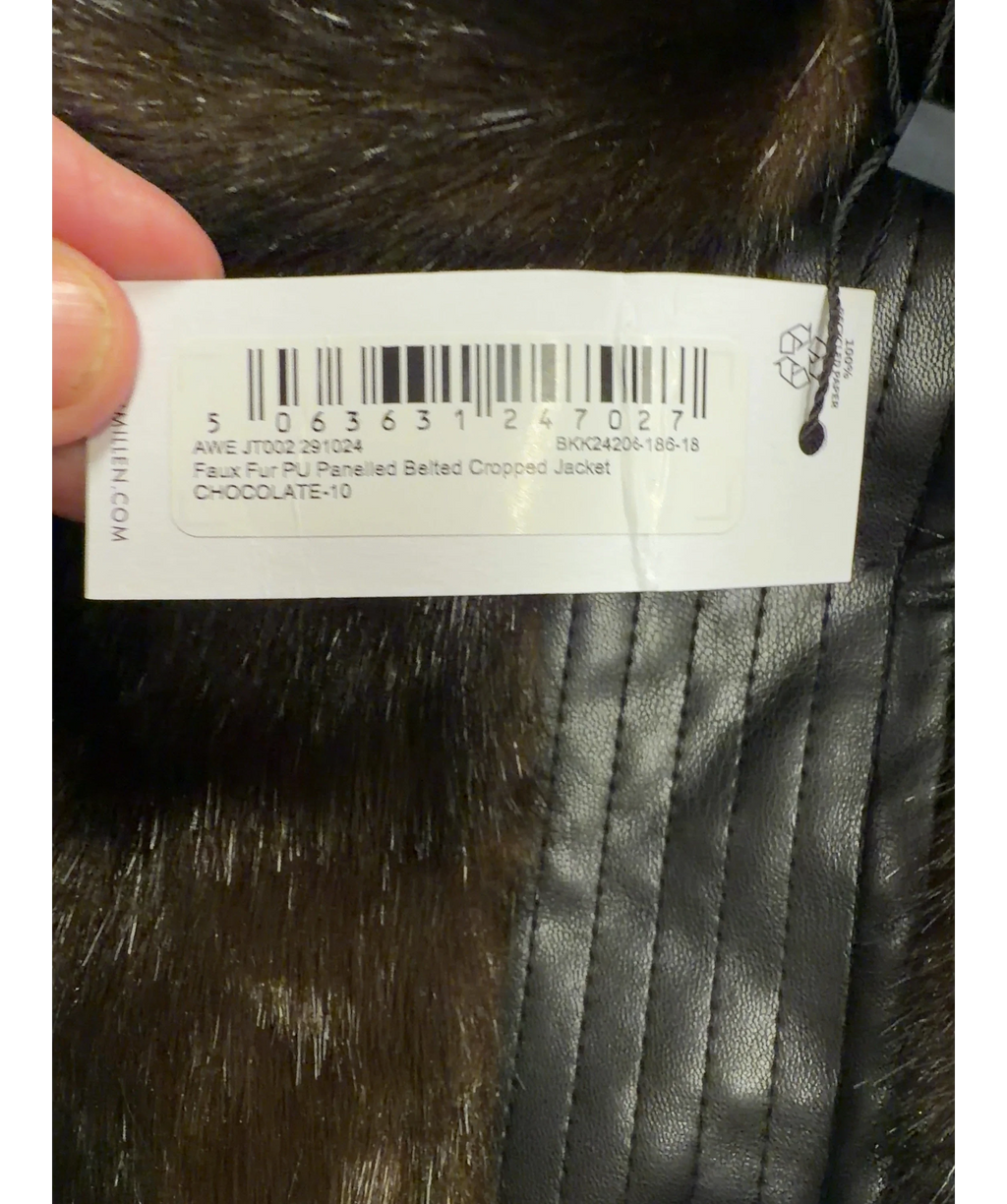 KAREN MILLEN Brown Faux Fur PU Panelled Belted Cropped Jacket, size UK 10 — label