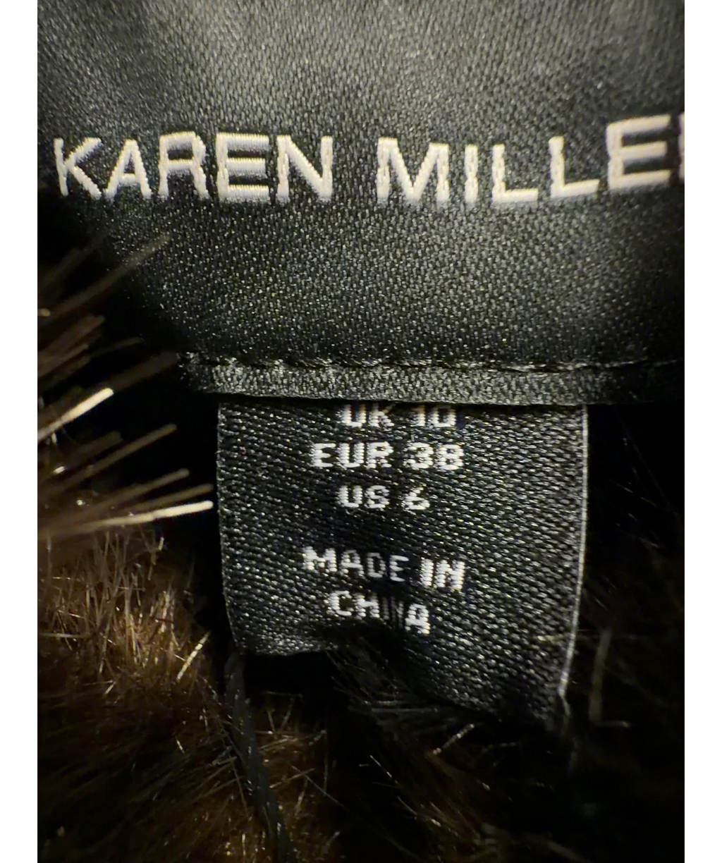KAREN MILLEN Brown Faux Fur PU Panelled Belted Cropped Jacket, size UK 10 — care label