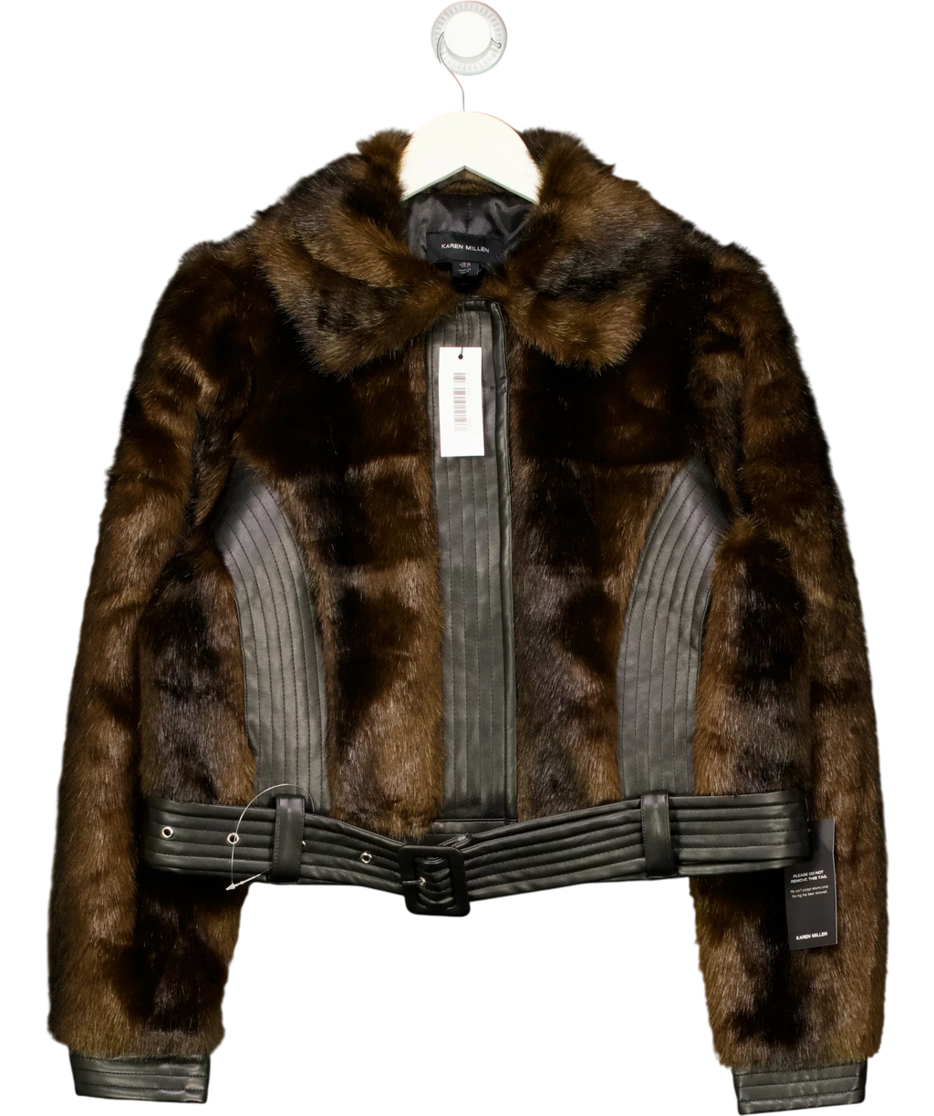 KAREN MILLEN Brown Faux Fur PU Panelled Belted Cropped Jacket, size UK 10 — front