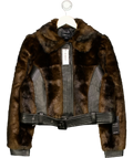 KAREN MILLEN Brown Faux Fur PU Panelled Belted Cropped Jacket, size UK 10 — front