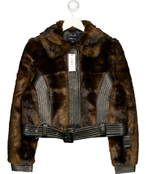 Karen Millen Faux Fur PU Panelled Belted Cropped Jacket Brown Black UK 10