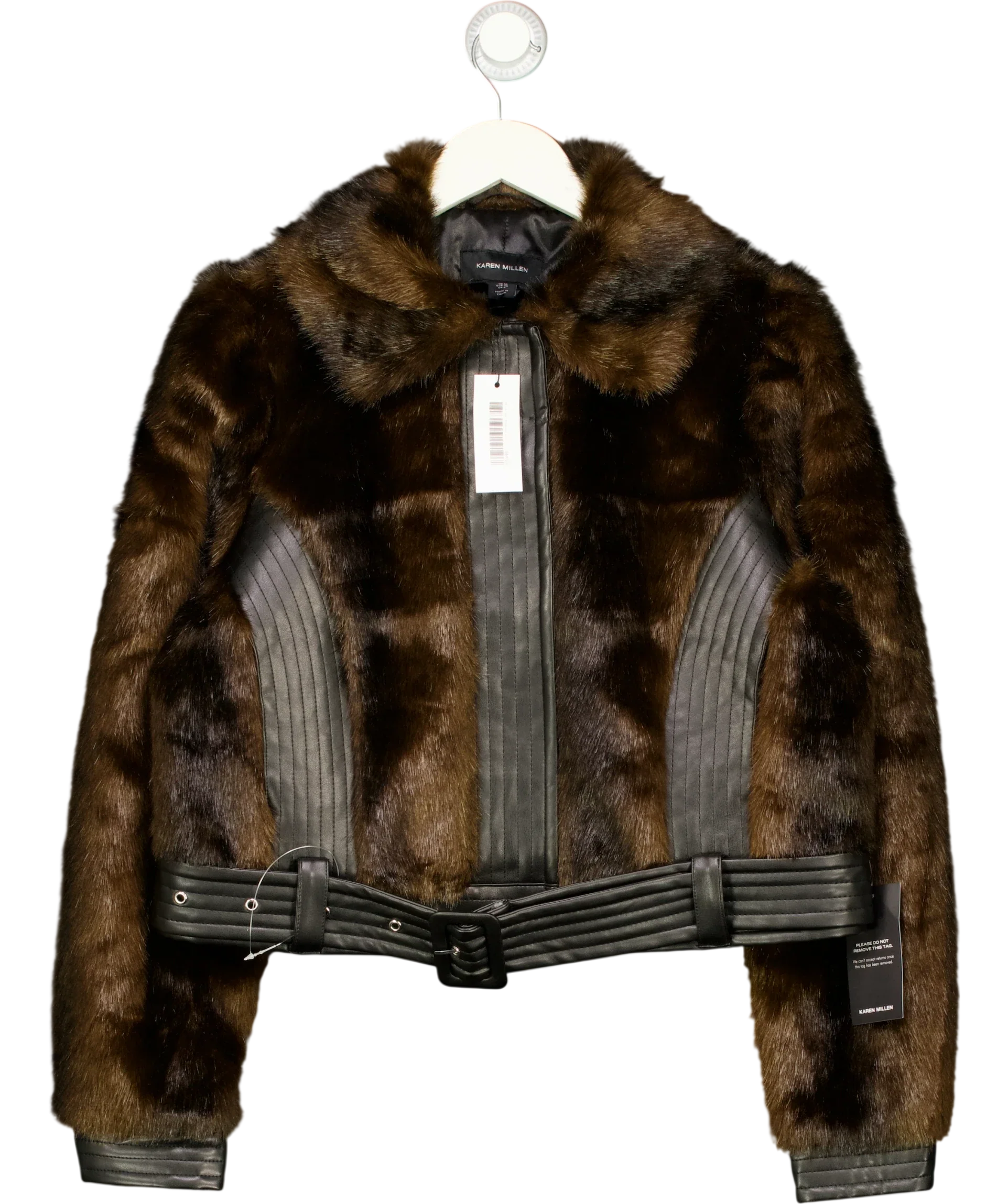 KAREN MILLEN Brown Faux Fur PU Panelled Belted Cropped Jacket, size UK 10 — front