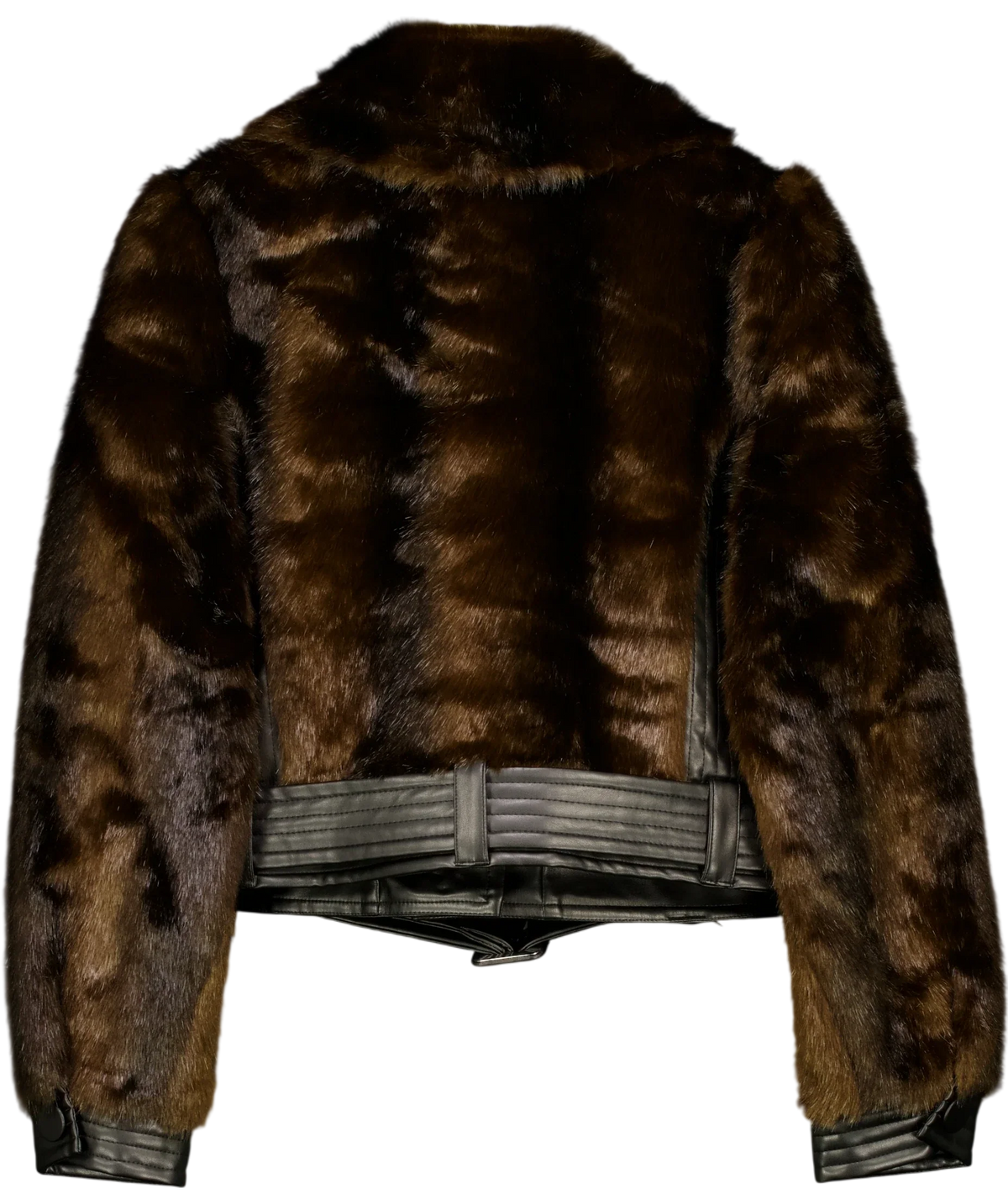 KAREN MILLEN Brown Faux Fur PU Panelled Belted Cropped Jacket, size UK 10 — back