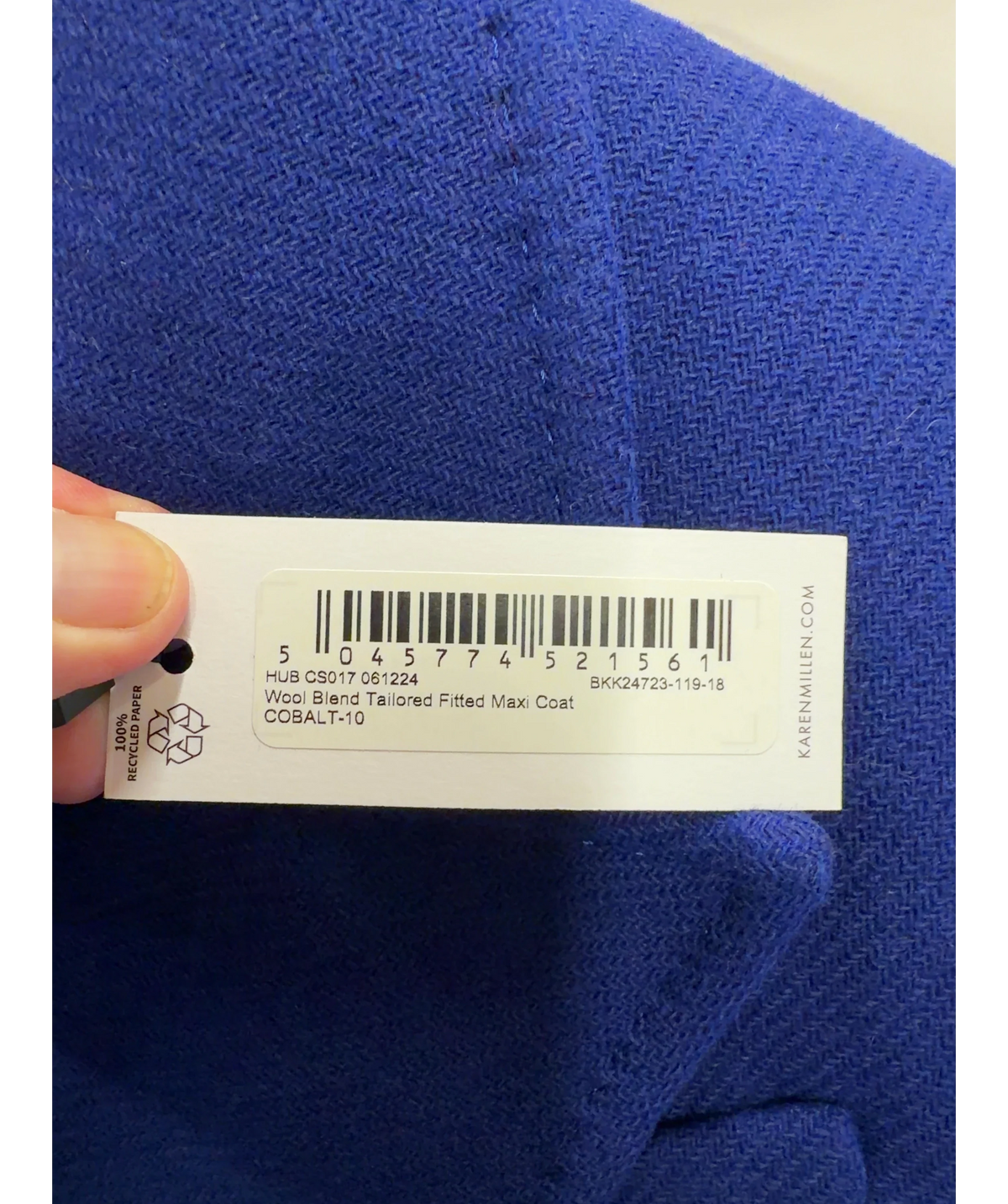 KAREN MILLEN Blue Forever Wool Blend Tailored Fitted Maxi Coat, size UK 10 — label
