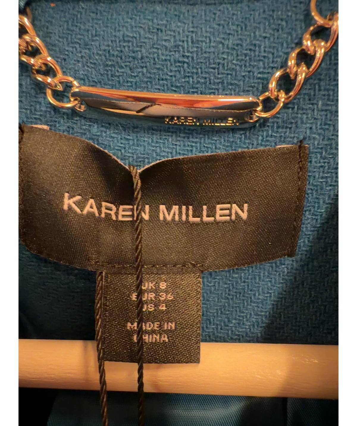 KAREN MILLEN Blue Wool Belted Maxi Trench Coat, size UK 8 — detail