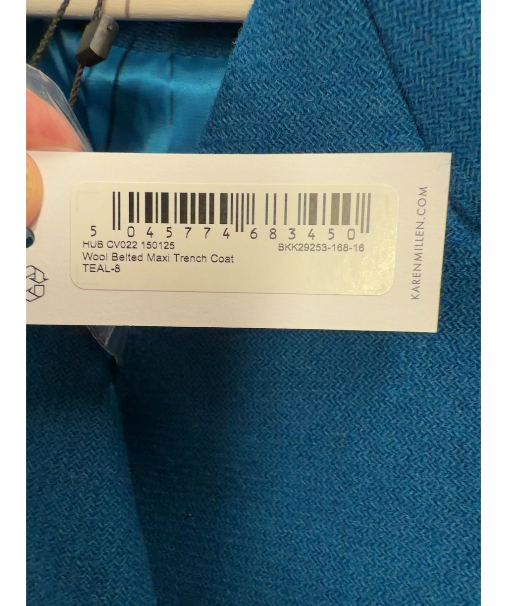 KAREN MILLEN Blue Wool Belted Maxi Trench Coat, size UK 8 — label