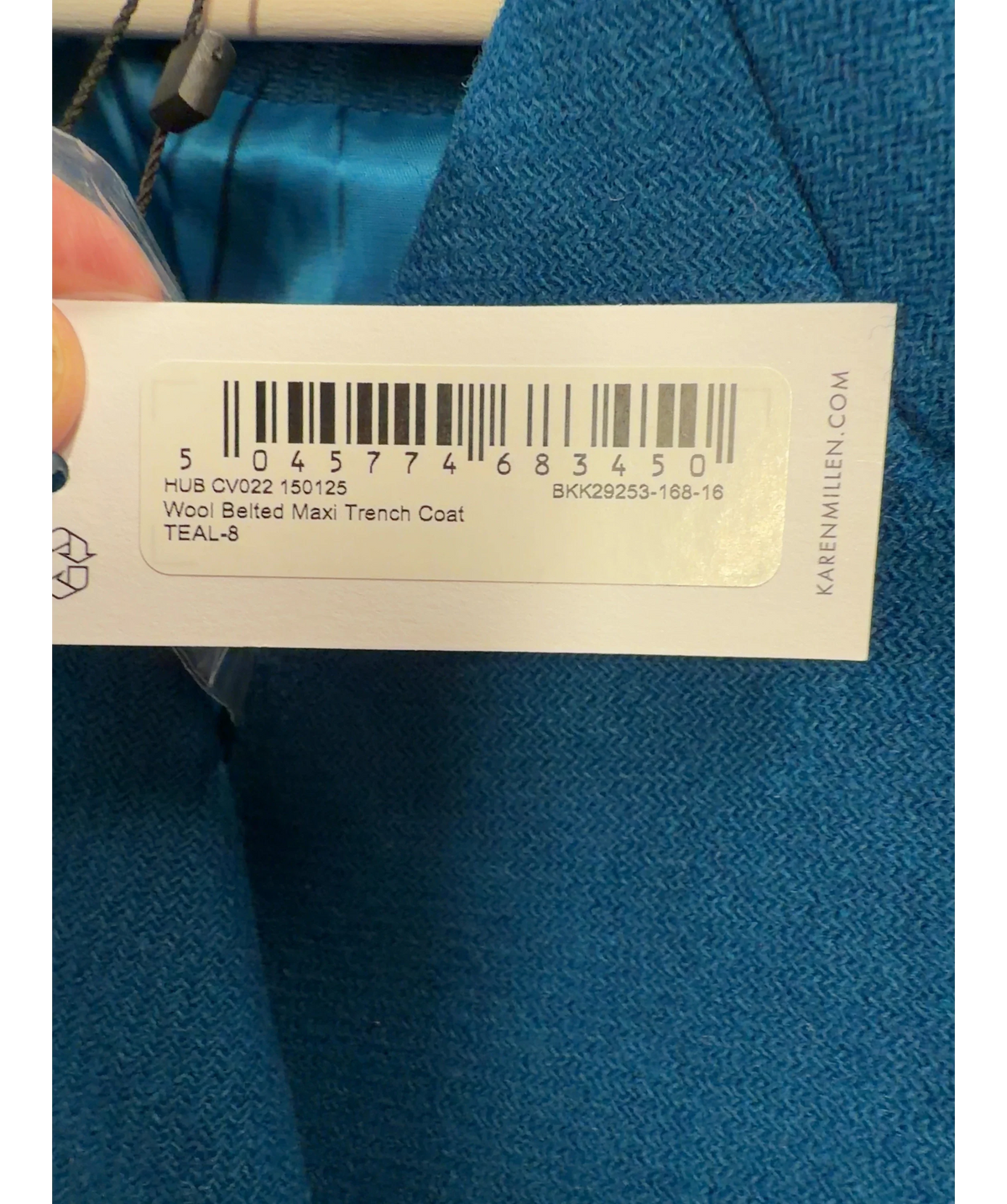 KAREN MILLEN Blue Wool Belted Maxi Trench Coat, size UK 8 — label