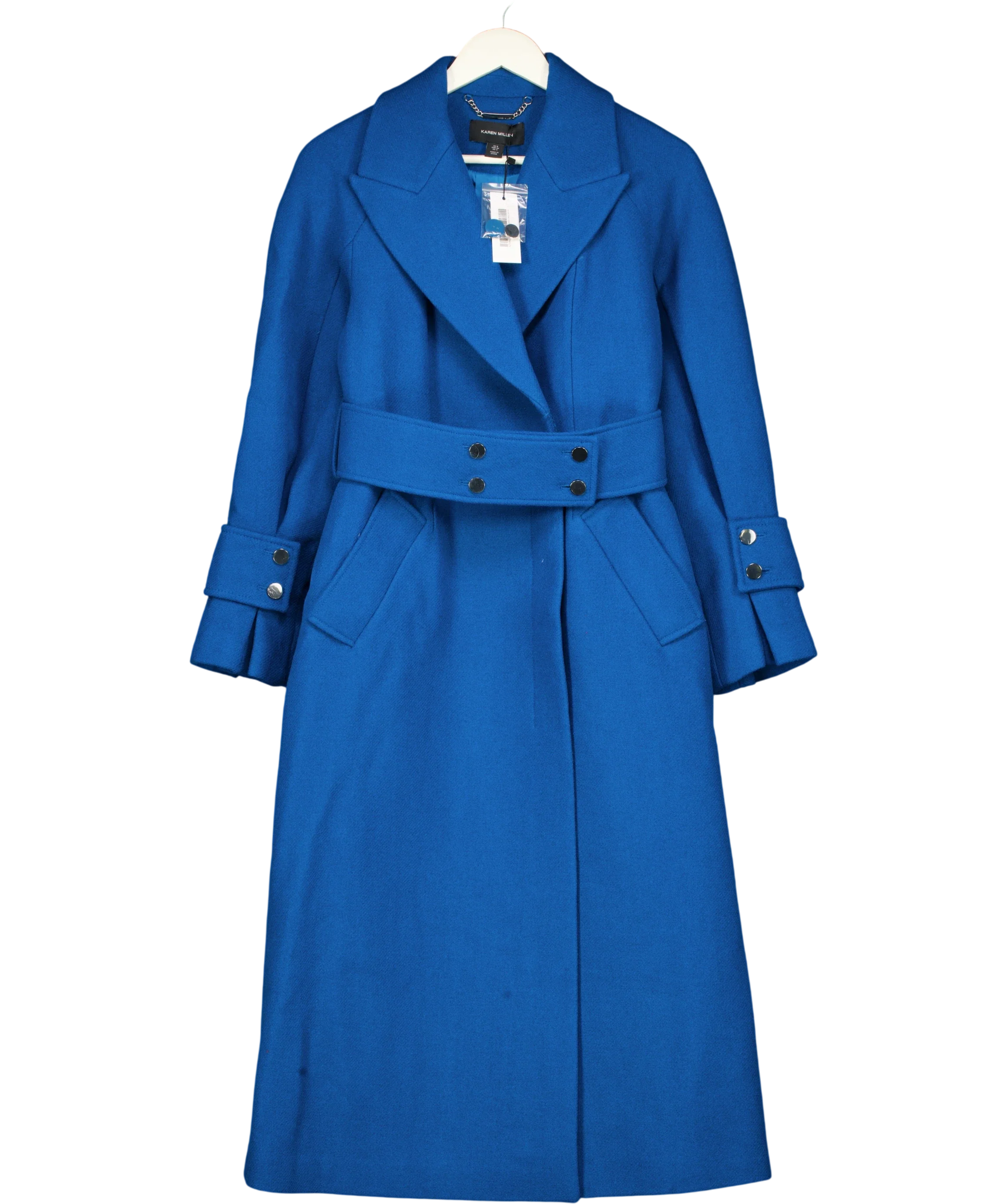 KAREN MILLEN Blue Wool Belted Maxi Trench Coat, size UK 8 — front