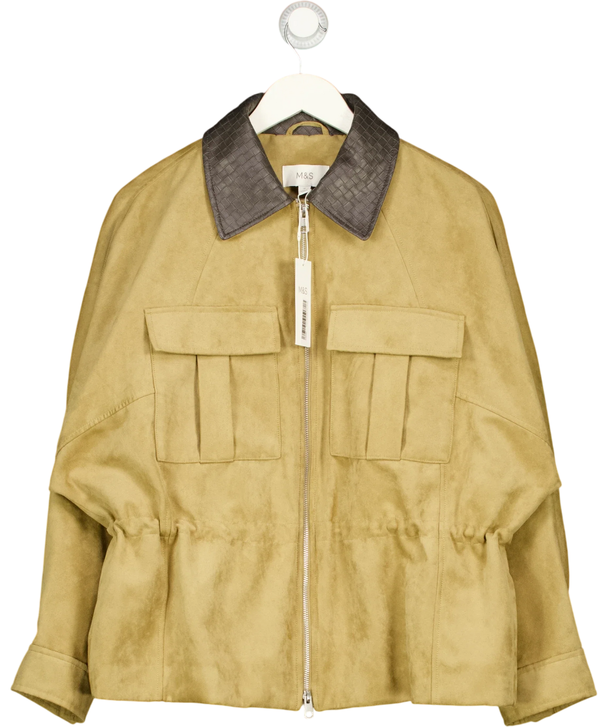 M&S Beige Suedette Collared Peplum Utility Jacket, size UK M — front