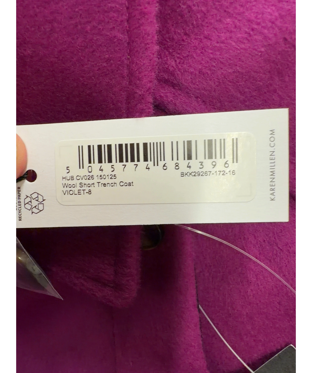 KAREN MILLEN violet Wool Short Trench Coat, size UK 8 — label
