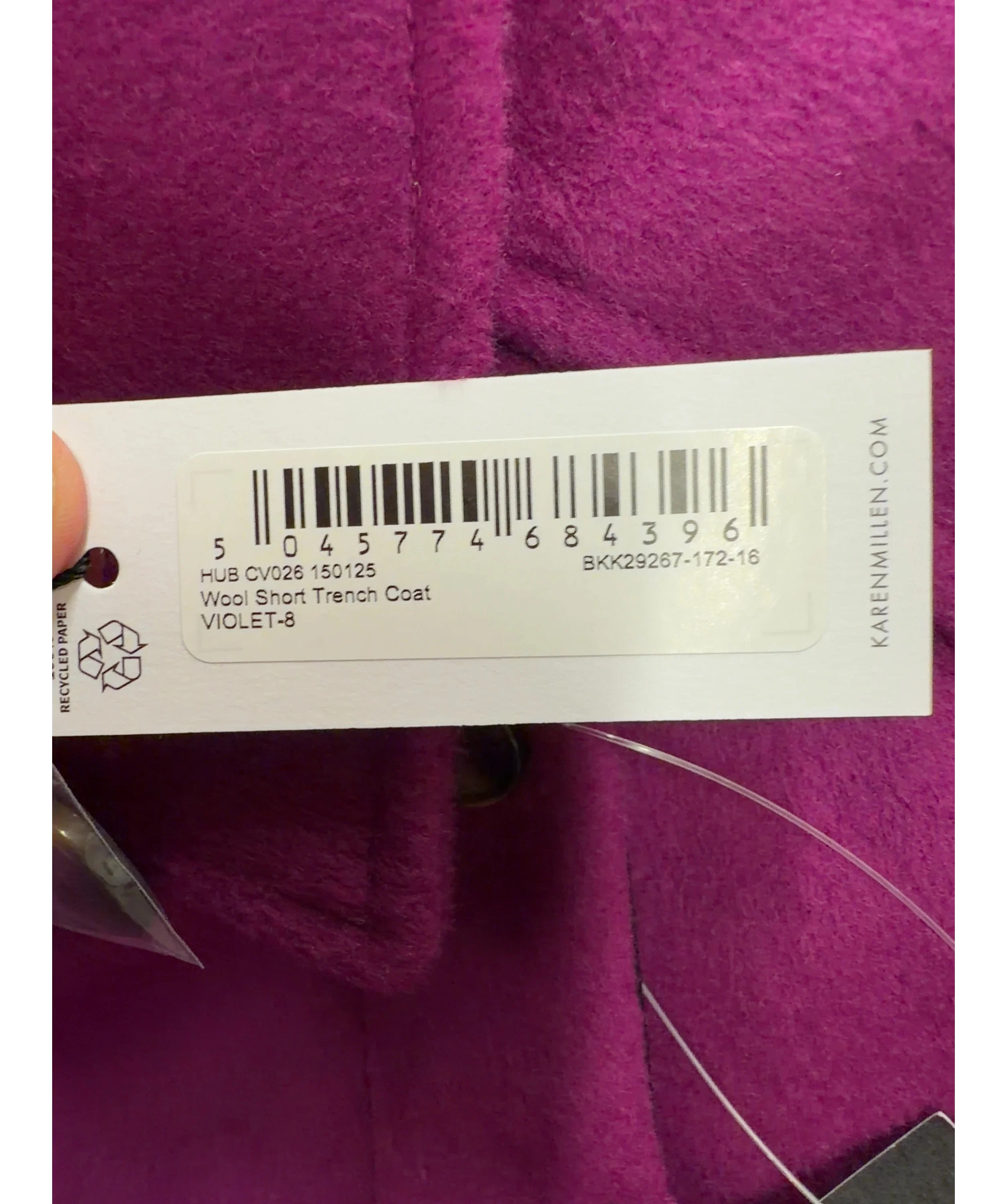KAREN MILLEN violet Wool Short Trench Coat, size UK 8 — label