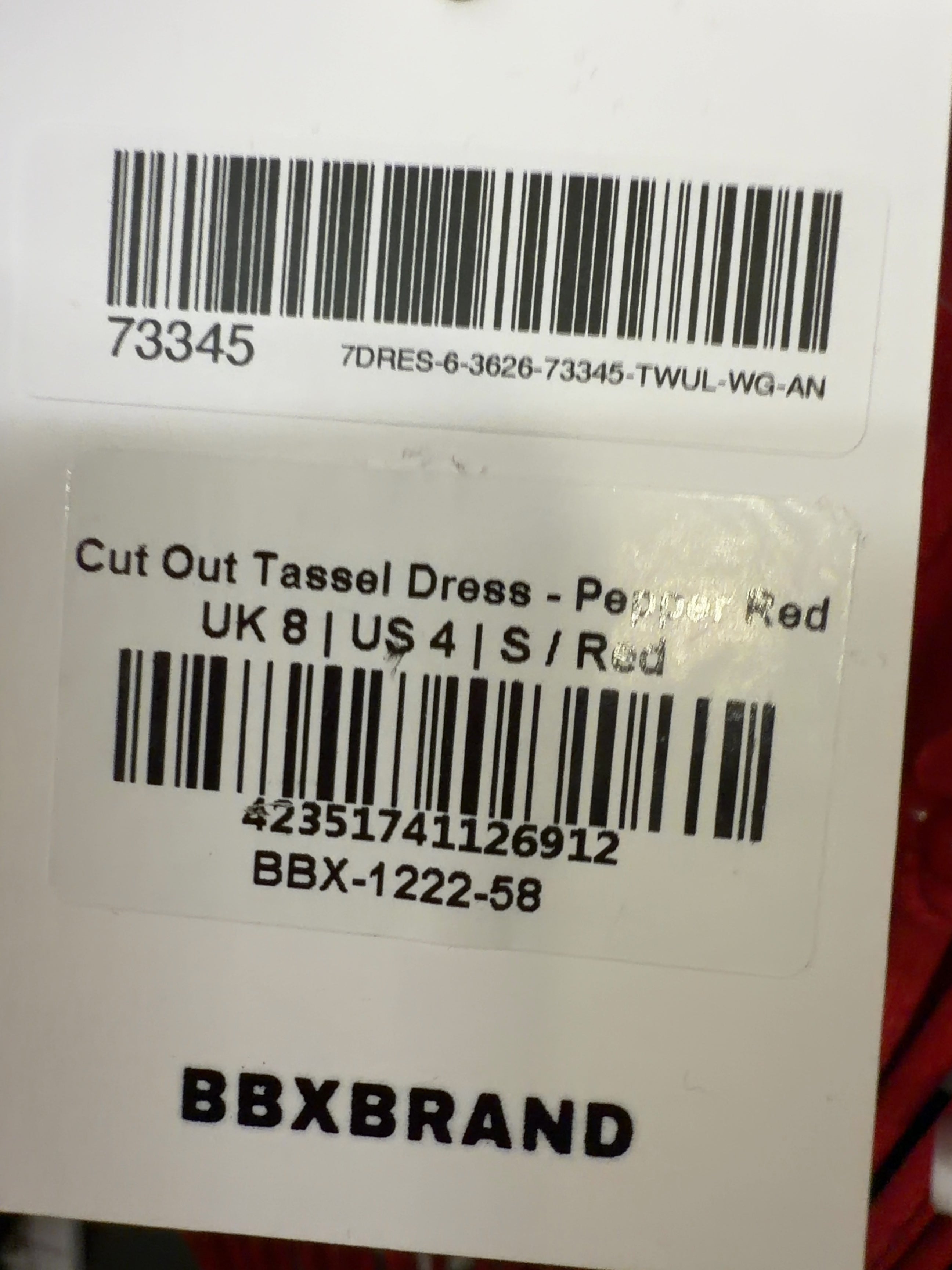 BBXBRAND Red Cut Out Tassel Dress, size UK 8 — label