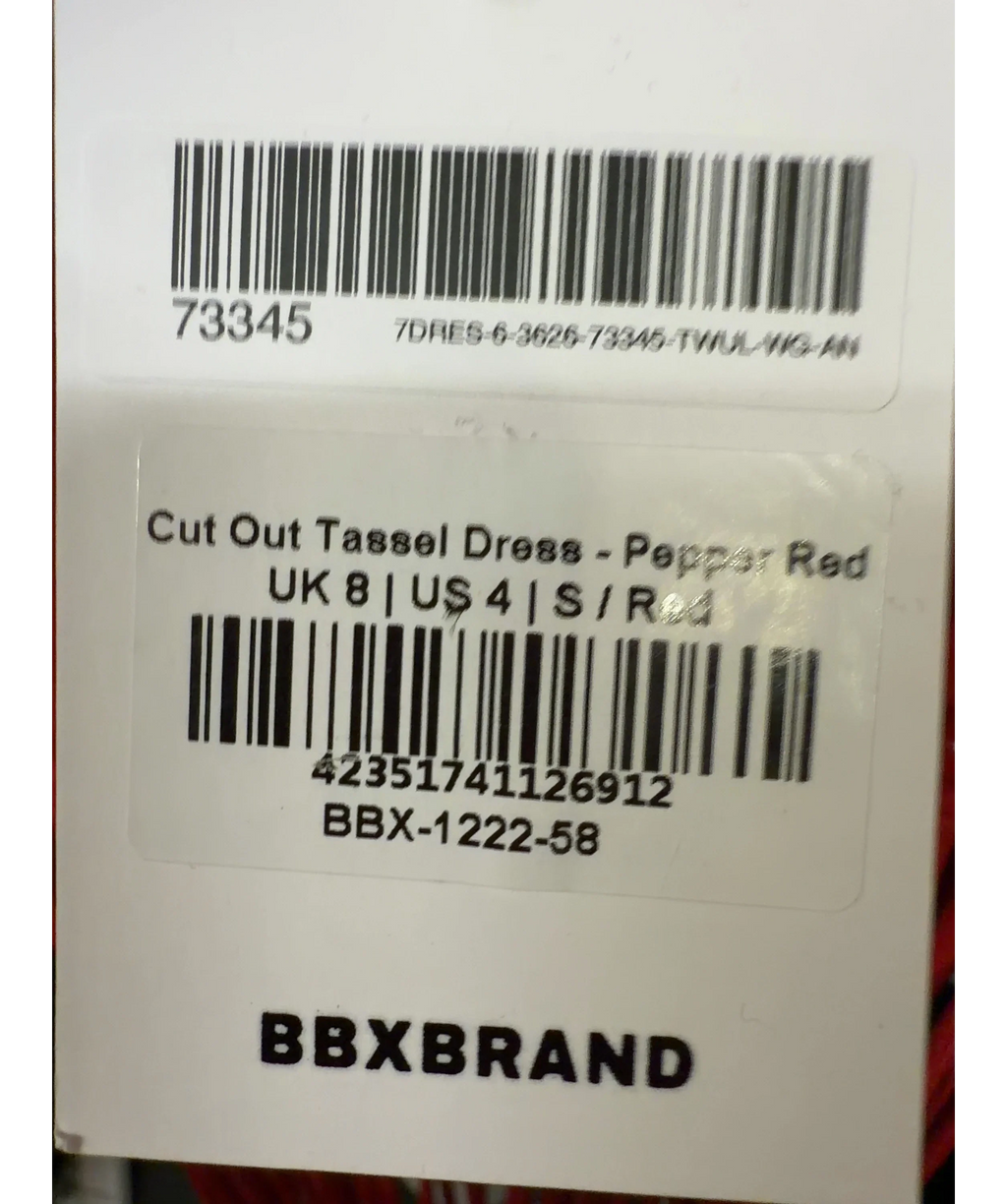 BBXBRAND Red Cut Out Tassel Dress, size UK 8 — care label