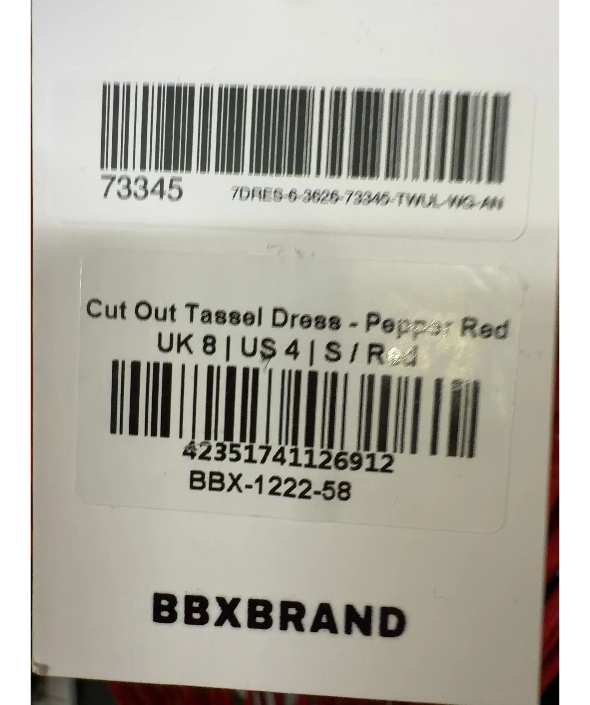 BBXBRAND Red Cut Out Tassel Dress, size UK 8 — care label