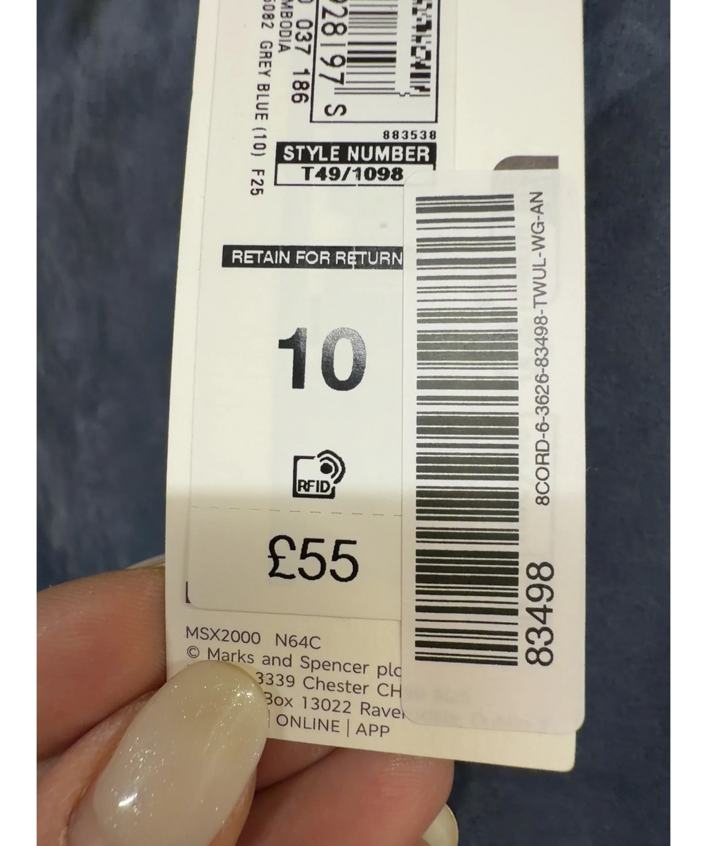Marks and Spencer Blue Suedette Button Through Short Jacket and matching mini skirt, size UK 10 — care label