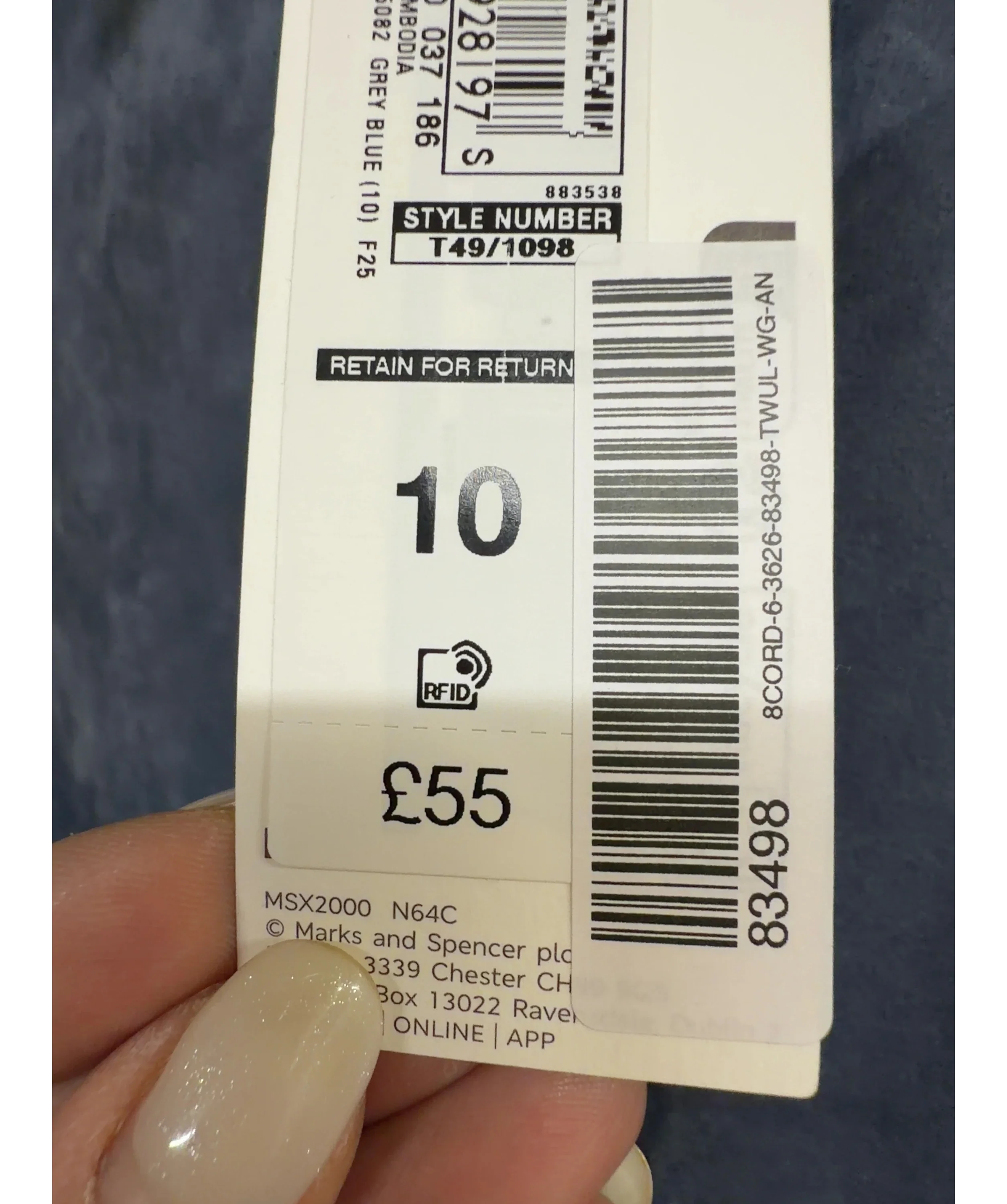 Marks and Spencer Blue Suedette Button Through Short Jacket and matching mini skirt, size UK 10 — care label