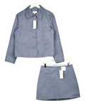 Marks and Spencer Blue Suedette Button Through Short Jacket and matching mini skirt, size UK 10 — front