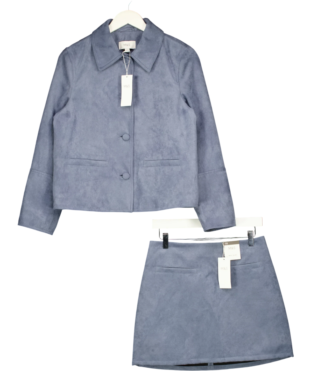 Marks and Spencer Blue Suedette Button Through Short Jacket and matching mini skirt, size UK 10 — front