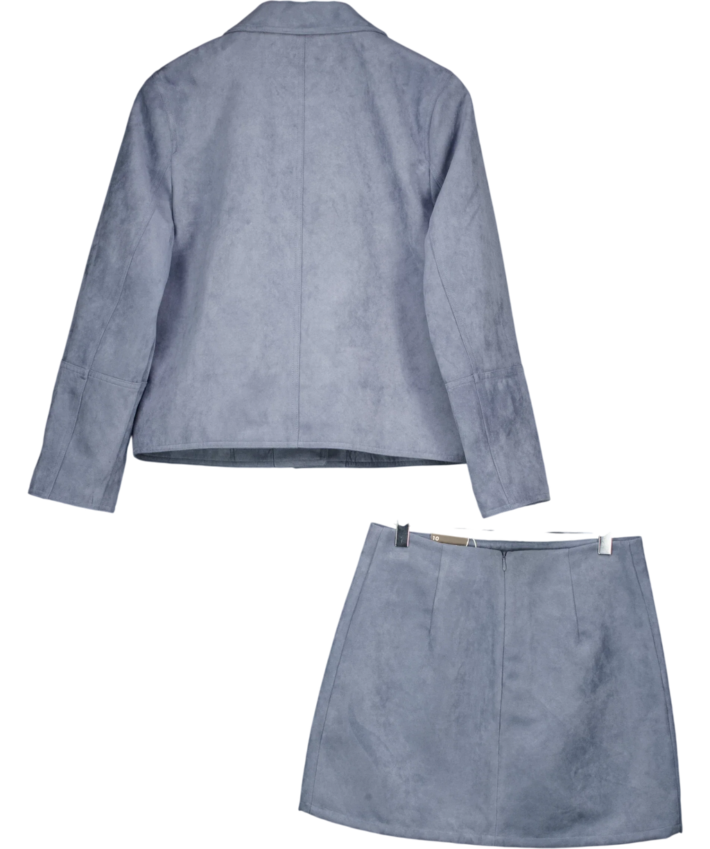 Marks and Spencer Blue Suedette Button Through Short Jacket and matching mini skirt, size UK 10 — back