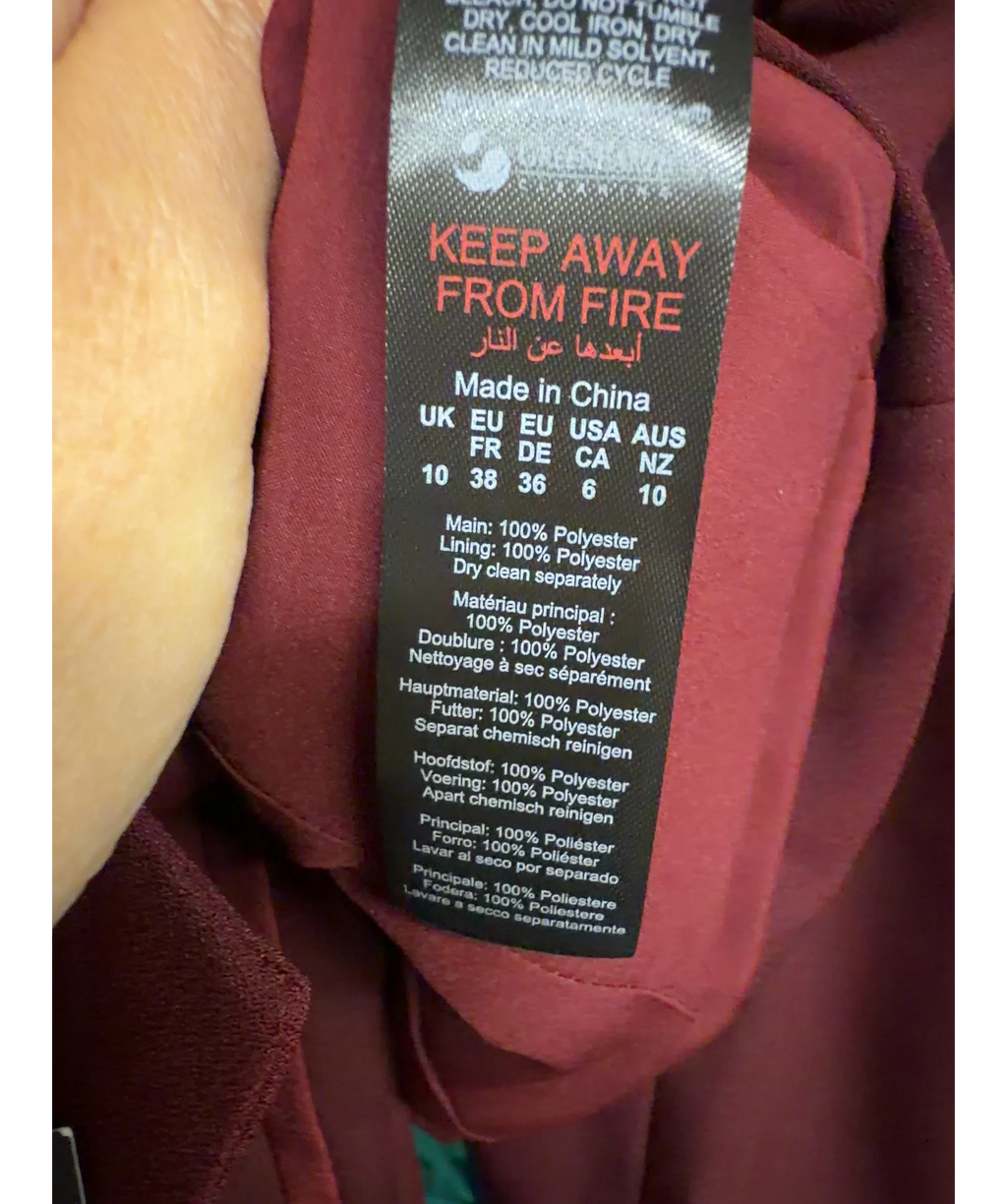 KAREN MILLEN burgundy Satin Back Crepe Tailored Jacket, size UK S/M — label