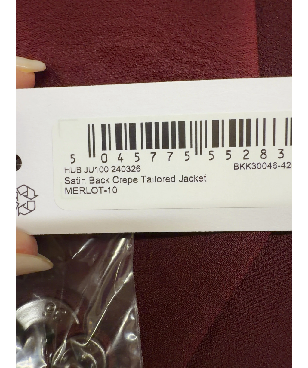 KAREN MILLEN burgundy Satin Back Crepe Tailored Jacket, size UK S/M — care label
