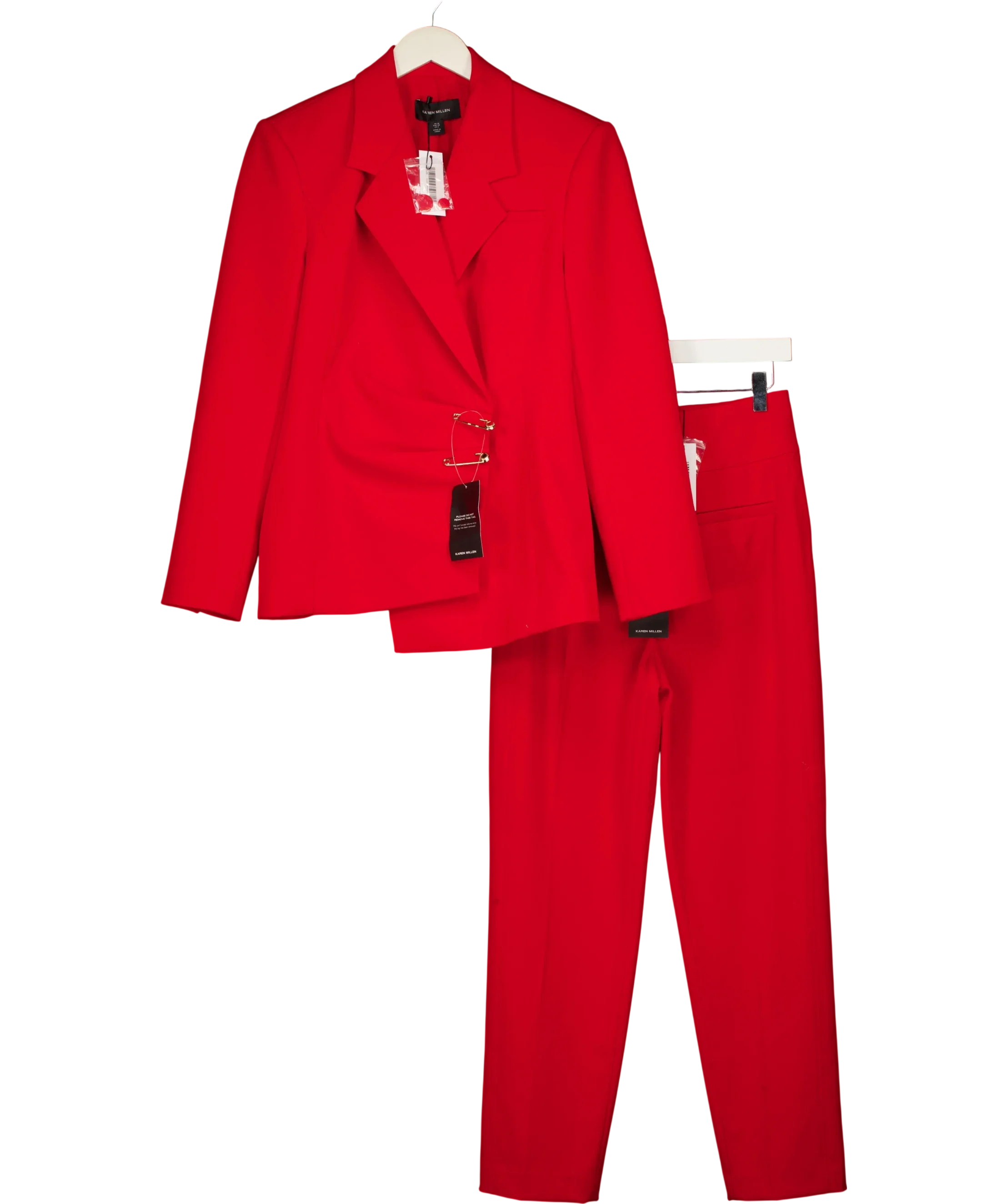 KAREN MILLEN Red Trim Detail Tailored Single Breasted Blazer and matching trouser set, size UK S/M — front