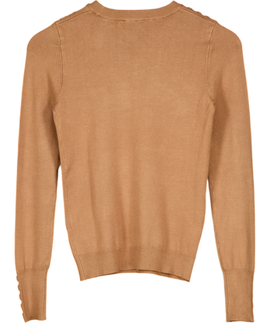 HOLLAND COOPER Beige Buttoned Knit Crew Neck Dark Camel Jumper With Gold Buttons UK XS