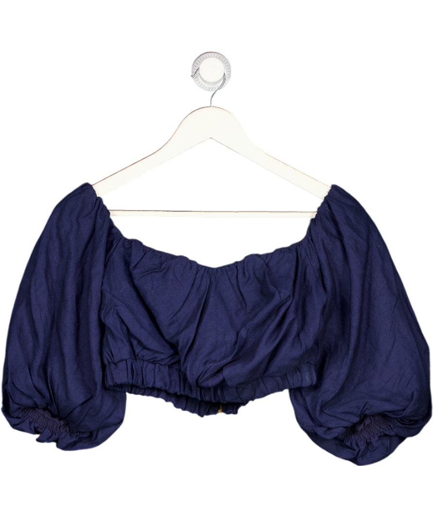 KAREN MILLEN Navy Blue Linen Blend Puff Sleeve Crop Top UK 8