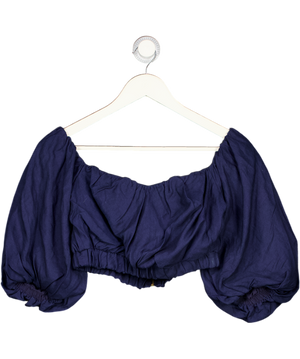 KAREN MILLEN Navy Blue Linen Blend Puff Sleeve Crop Top UK 8