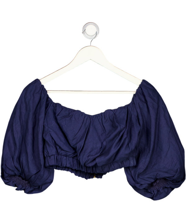 KAREN MILLEN Navy Blue Linen Blend Puff Sleeve Crop Top UK 8
