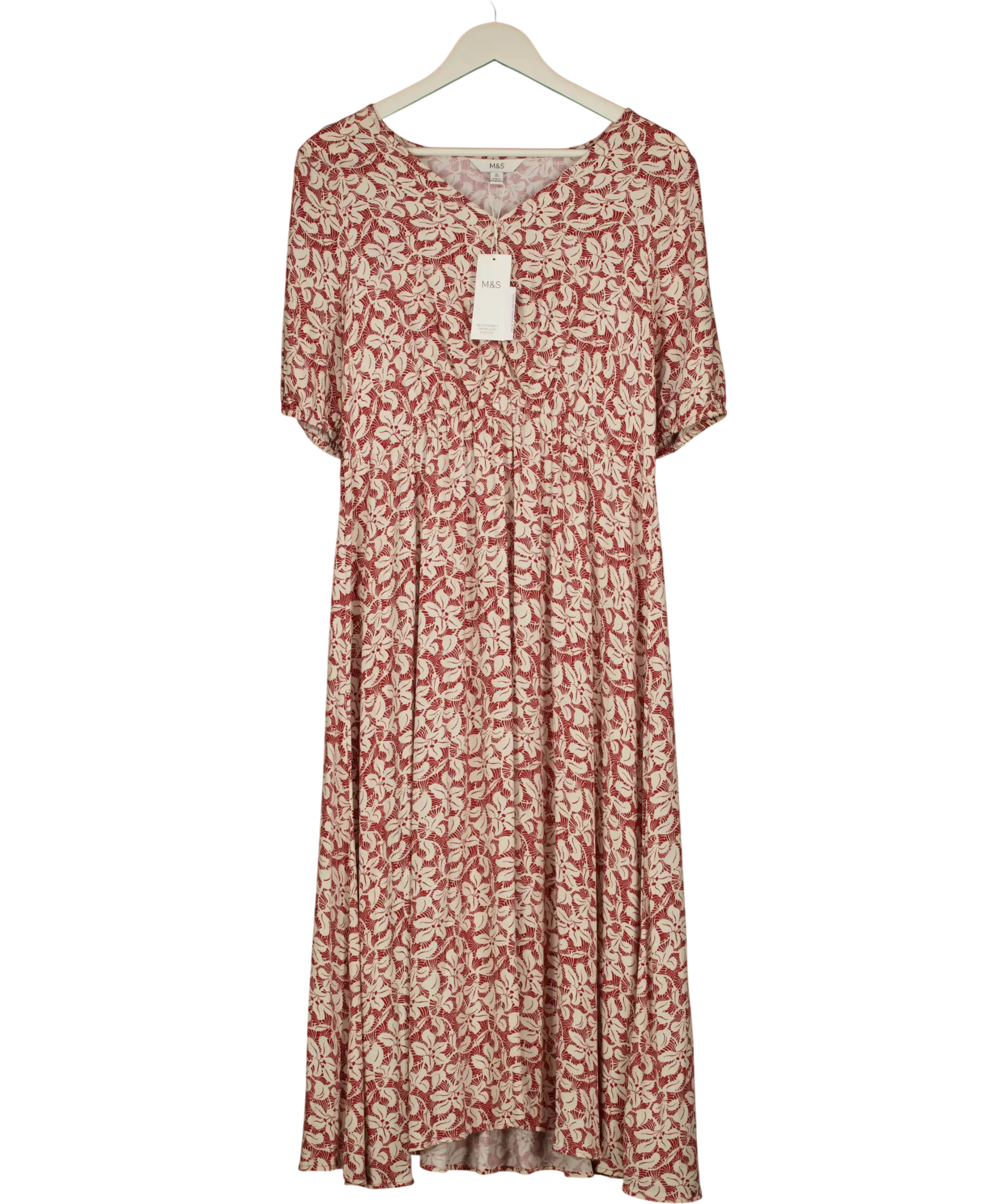 M&S Collection Red Mix Leaf Printed V-neck Dress UK 16
