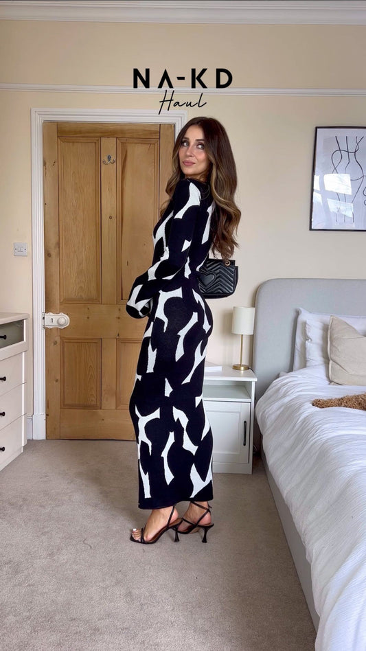 NA-KD Black and White Wide Sleeve Knitted Maxi Dress UK XS