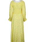 ROTATE BIRGER CHRISTENSEN Lemon Yellow Ditsy Floral Shirred On/ Off The Shoulder Viscose Maxi Dress UK 14
