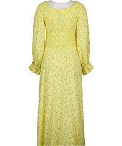ROTATE BIRGER CHRISTENSEN Lemon Yellow Ditsy Floral Shirred On/ Off The Shoulder Viscose Maxi Dress UK 14