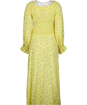 ROTATE BIRGER CHRISTENSEN Lemon Yellow Ditsy Floral Shirred On/ Off The Shoulder Viscose Maxi Dress UK 14