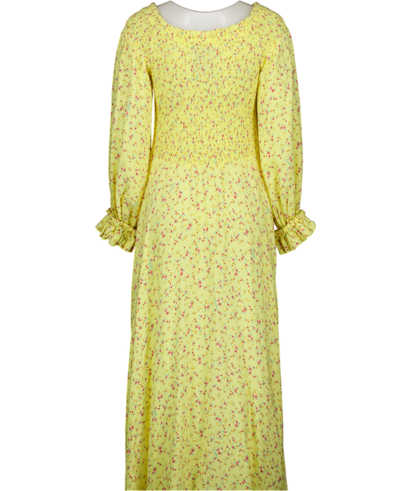 ROTATE BIRGER CHRISTENSEN Lemon Yellow Ditsy Floral Shirred On/ Off The Shoulder Viscose Maxi Dress UK 14
