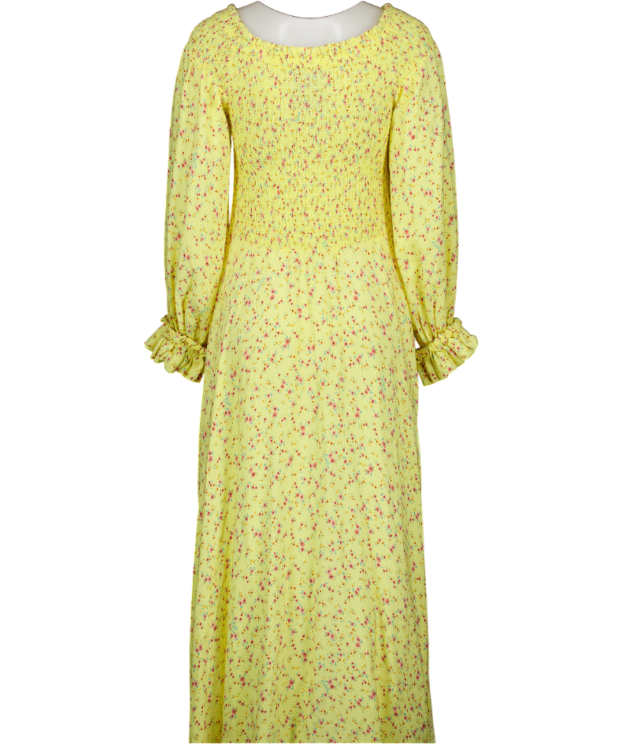 ROTATE BIRGER CHRISTENSEN Lemon Yellow Ditsy Floral Shirred On/ Off The Shoulder Viscose Maxi Dress UK 14