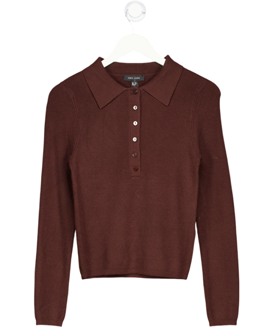 NEW LOOK Brown Knitted Ribbed Polo Top UK 10