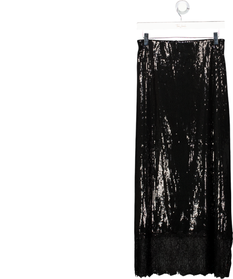 ASOS Black Sequin Mid Rise Column Skirt With Lace Trim UK L