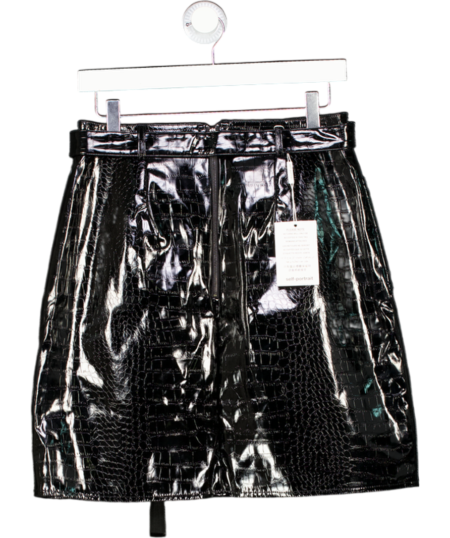Self-Portrait Black Faux Leather Front Mini Skirt With Lace Detail UK 10