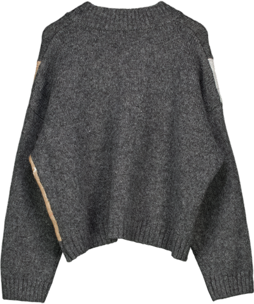 ASOS Grey Argyle High V Neck Jumper UK L