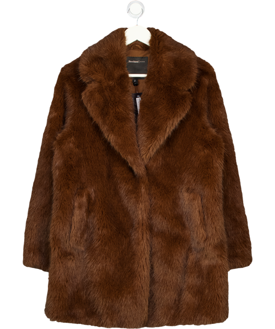 RIVER ISLAND Chocolate Brown Mid-length Faux Fur Coat UK S