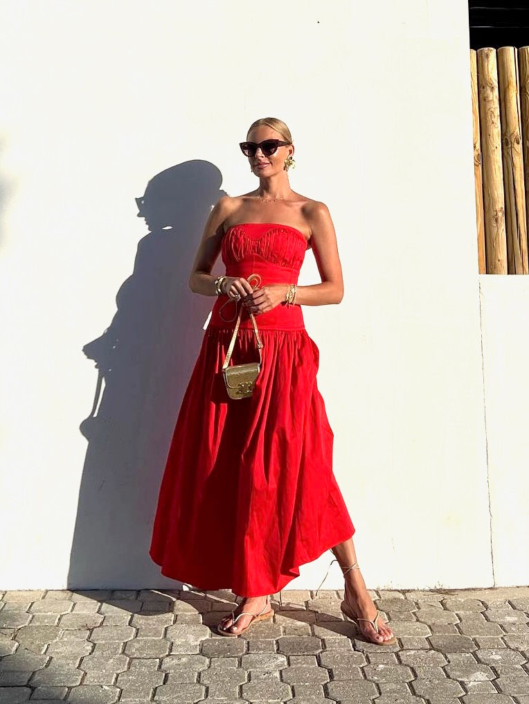 TOVE Red Gathered Stretch Midi Dress Fr40 UK 12