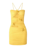MAYGEL CORONEL PETITE Yellow Coari Appliquéd Ruched Cutout Halterneck Mini Dress UK XXS