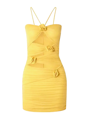 MAYGEL CORONEL PETITE Yellow Coari Appliquéd Ruched Cutout Halterneck Mini Dress UK XXS