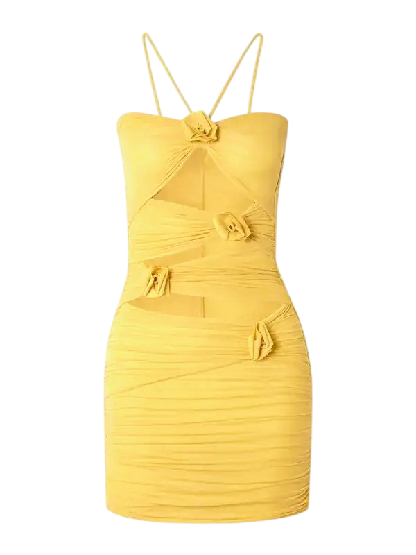 MAYGEL CORONEL PETITE Yellow Coari Appliquéd Ruched Cutout Halterneck Mini Dress UK XXS