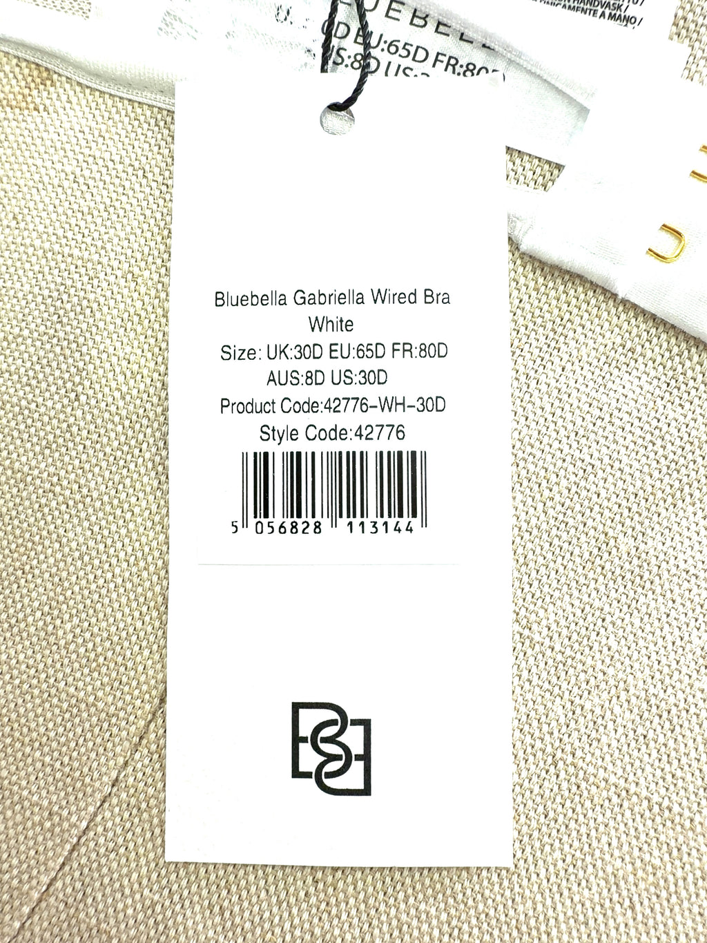 Bluebella White Gabriella Wired Bra and Brief Set, size UK 30D — label