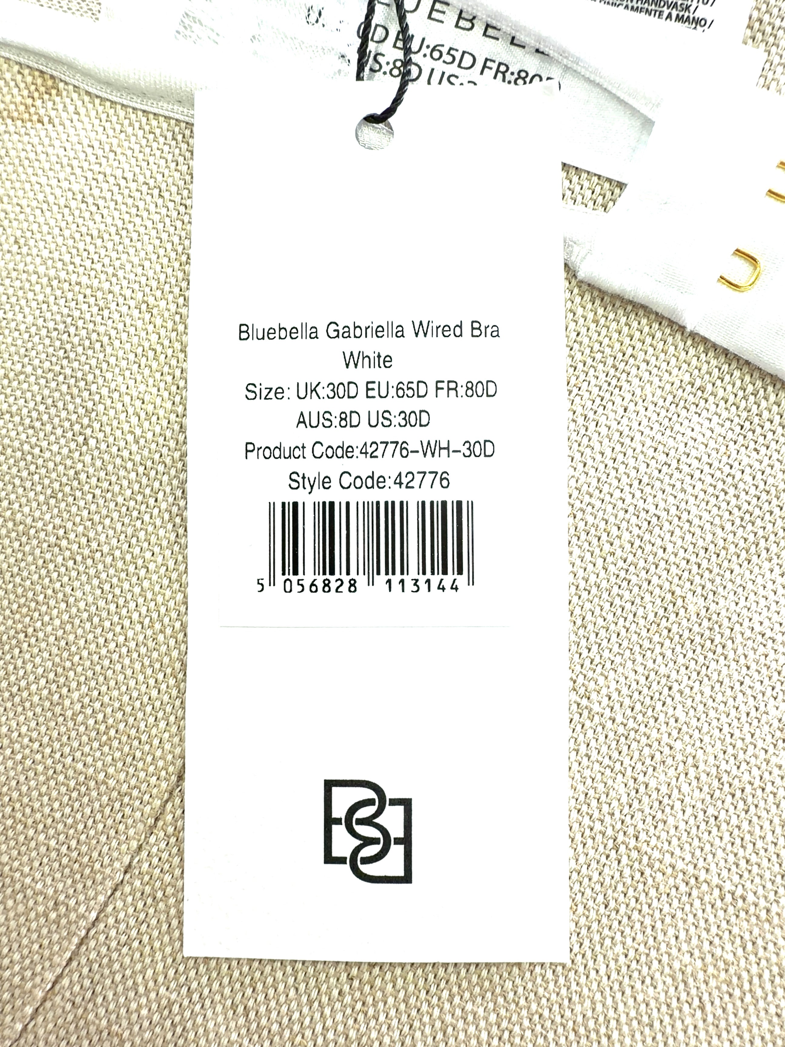 Bluebella White Gabriella Wired Bra and Brief Set, size UK 30D — label